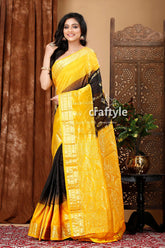 Stunning coal black and yellow kanjivaram silk saree - perfect for any occasion yellow black saree gold border 3