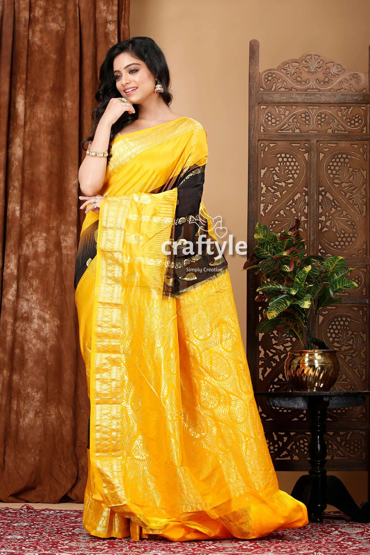 Stunning coal black and yellow kanjivaram silk saree - perfect for any occasion yellow black saree 4