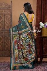 Stunning Deep Pine Green Silk Kantha Stitch Saree from Santiniketan-Craftyle
