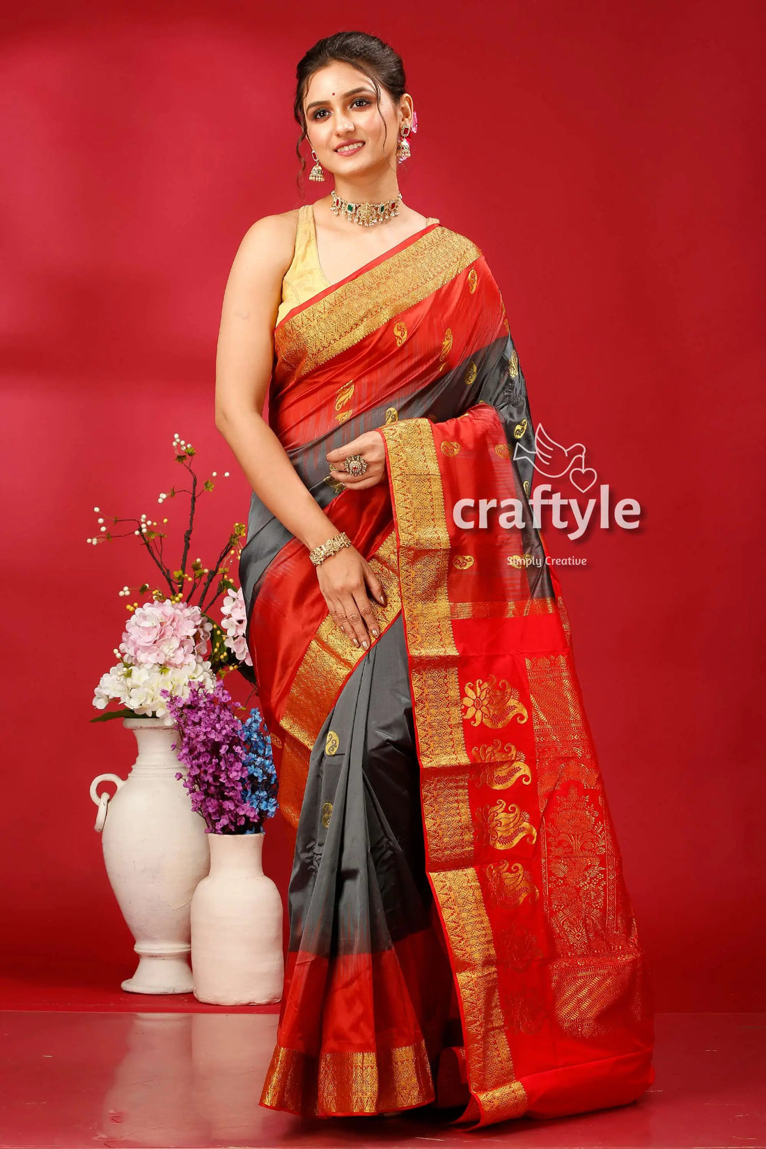 Stunning deep slate gray and red kanjivaram silk saree - perfect for all occasions red gray saree gold trim 1