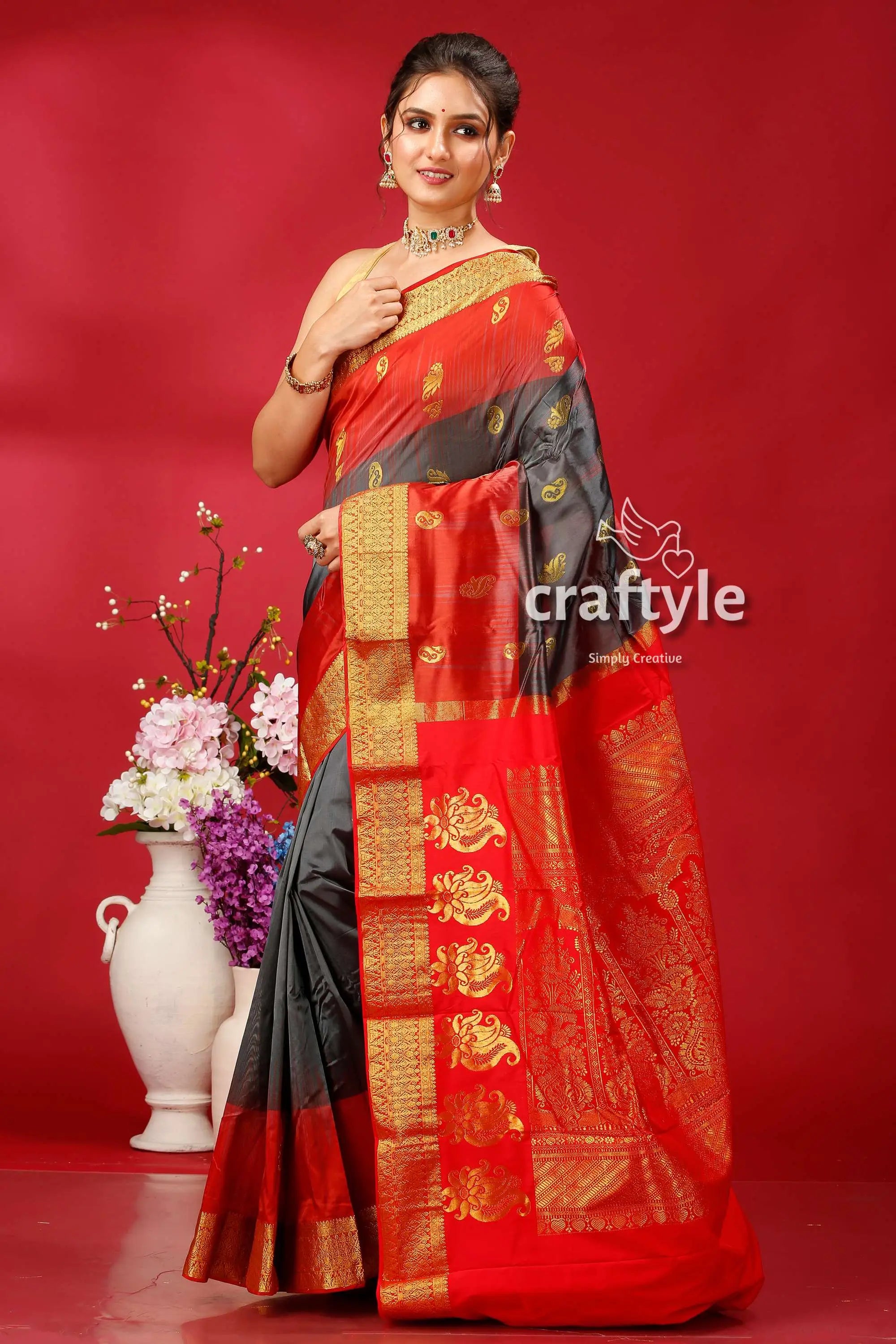 Stunning deep slate gray and red kanjivaram silk saree - perfect for all occasions woman red gray saree 3