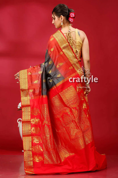 Stunning deep slate gray and red kanjivaram silk saree - perfect for all occasions red gray saree gold accents 4
