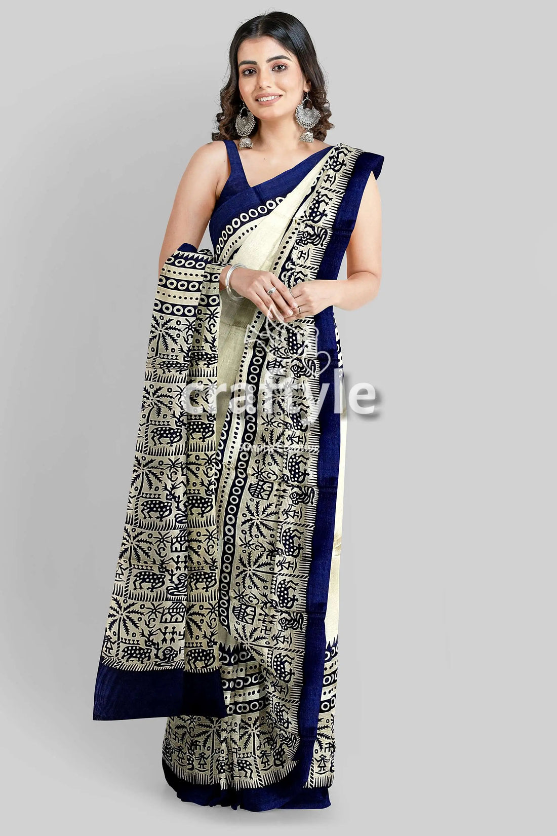 Stunning hand block print pure mulberry silk saree - black white woman patterned saree 1