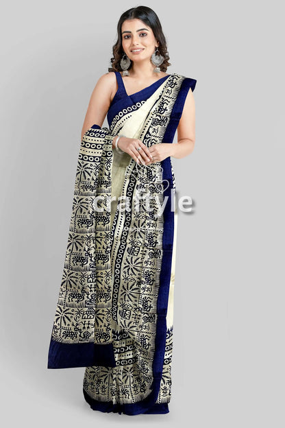 Stunning hand block print pure mulberry silk saree - black white woman patterned saree 1