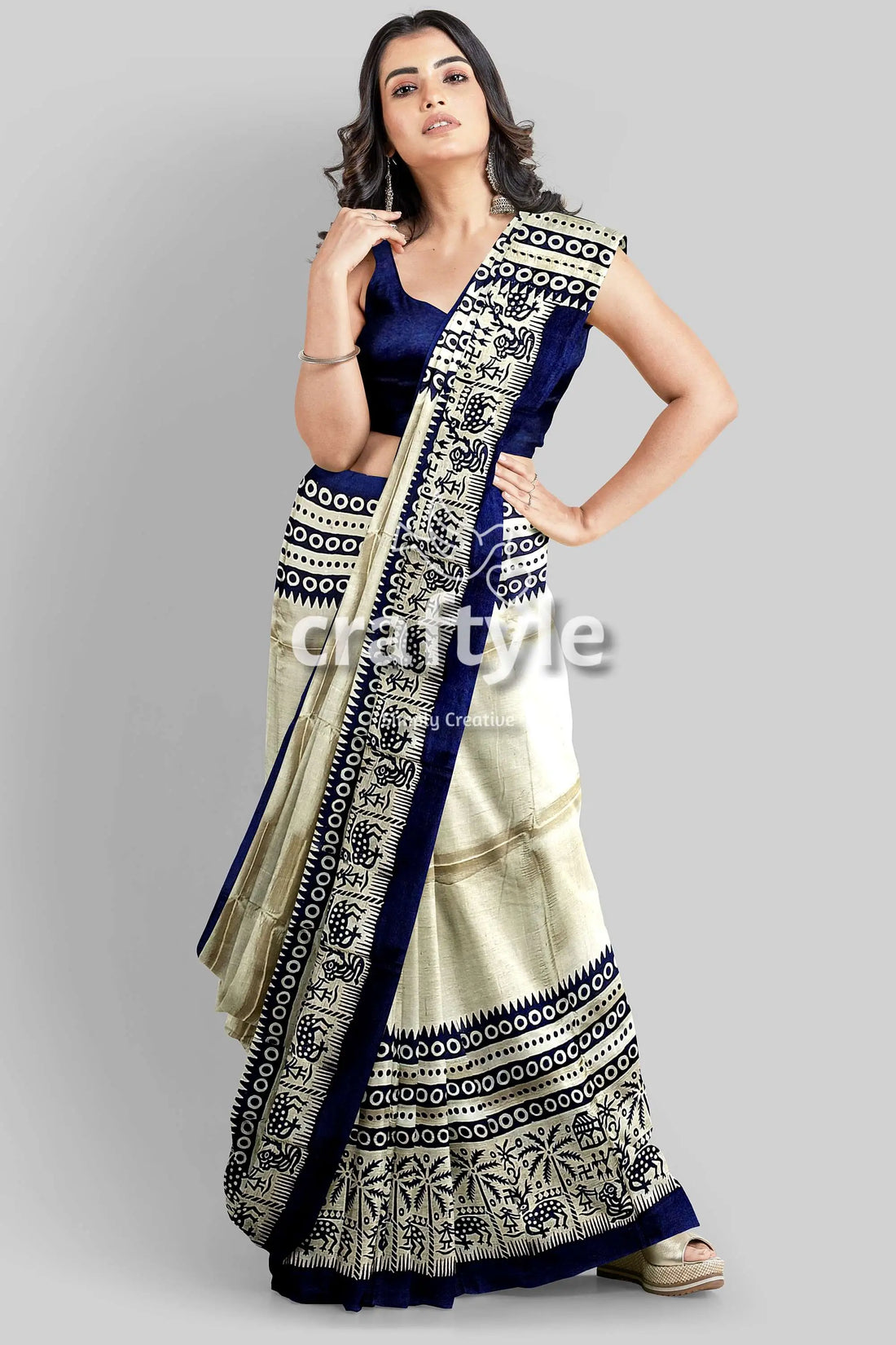 Stunning hand block print pure mulberry silk saree - black white woman blue white saree 2