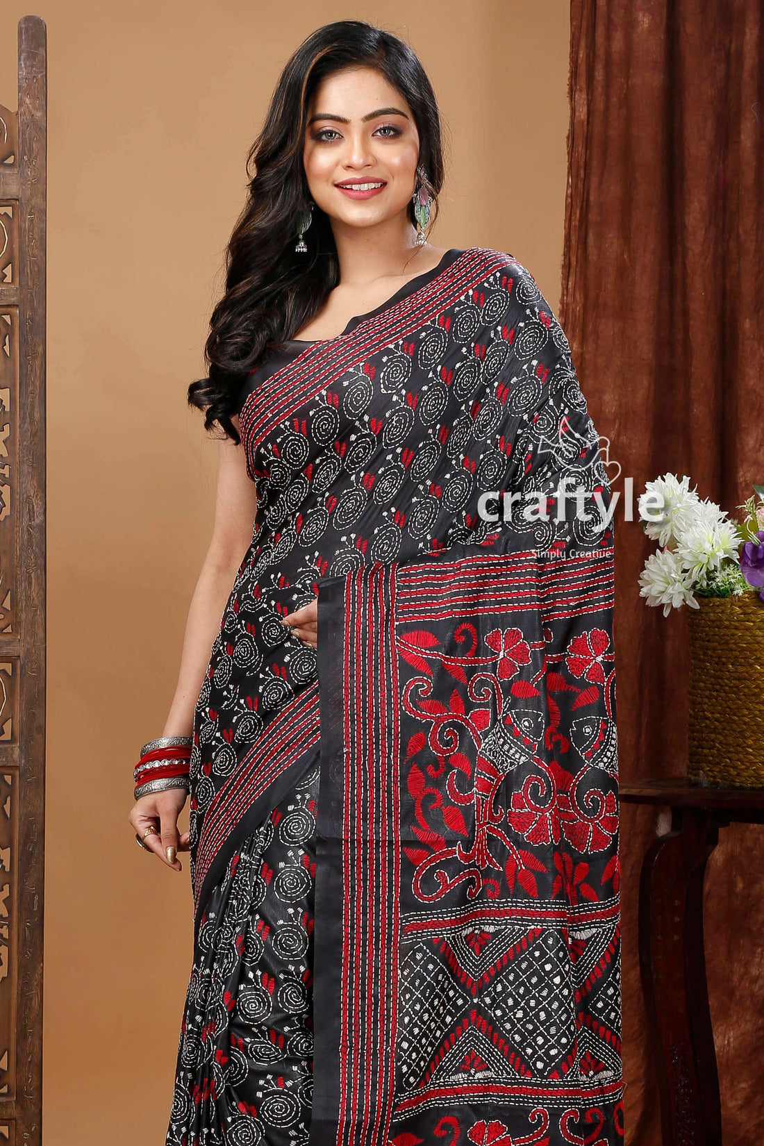 Stunning Jade Black Red Silk Kantha Stitch Saree-Craftyle