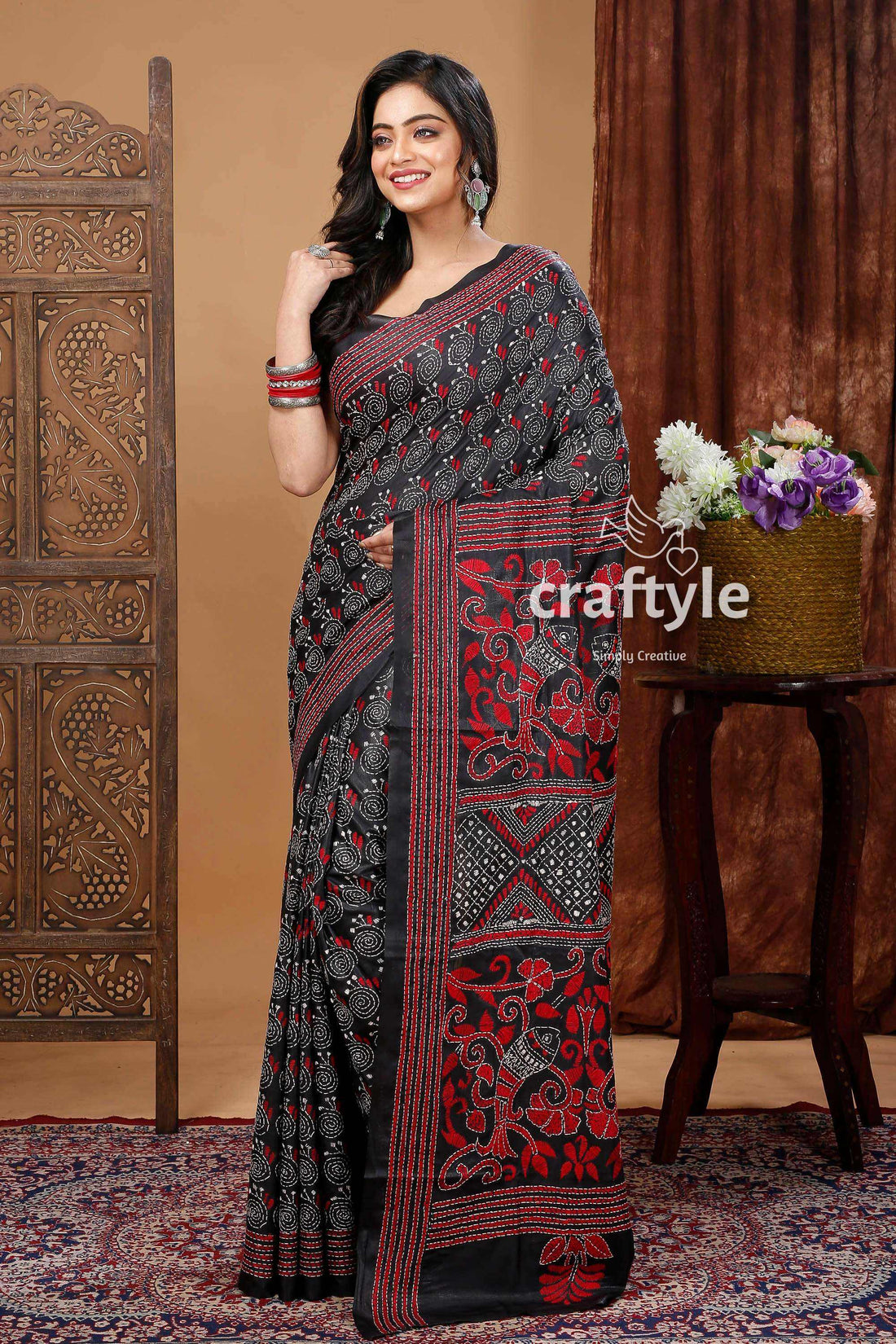 Stunning Jade Black Red Silk Kantha Stitch Saree-Craftyle