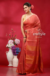 Stunning light coral bhagalpuri ghicha silk saree with golden zari detailing woman red saree 3