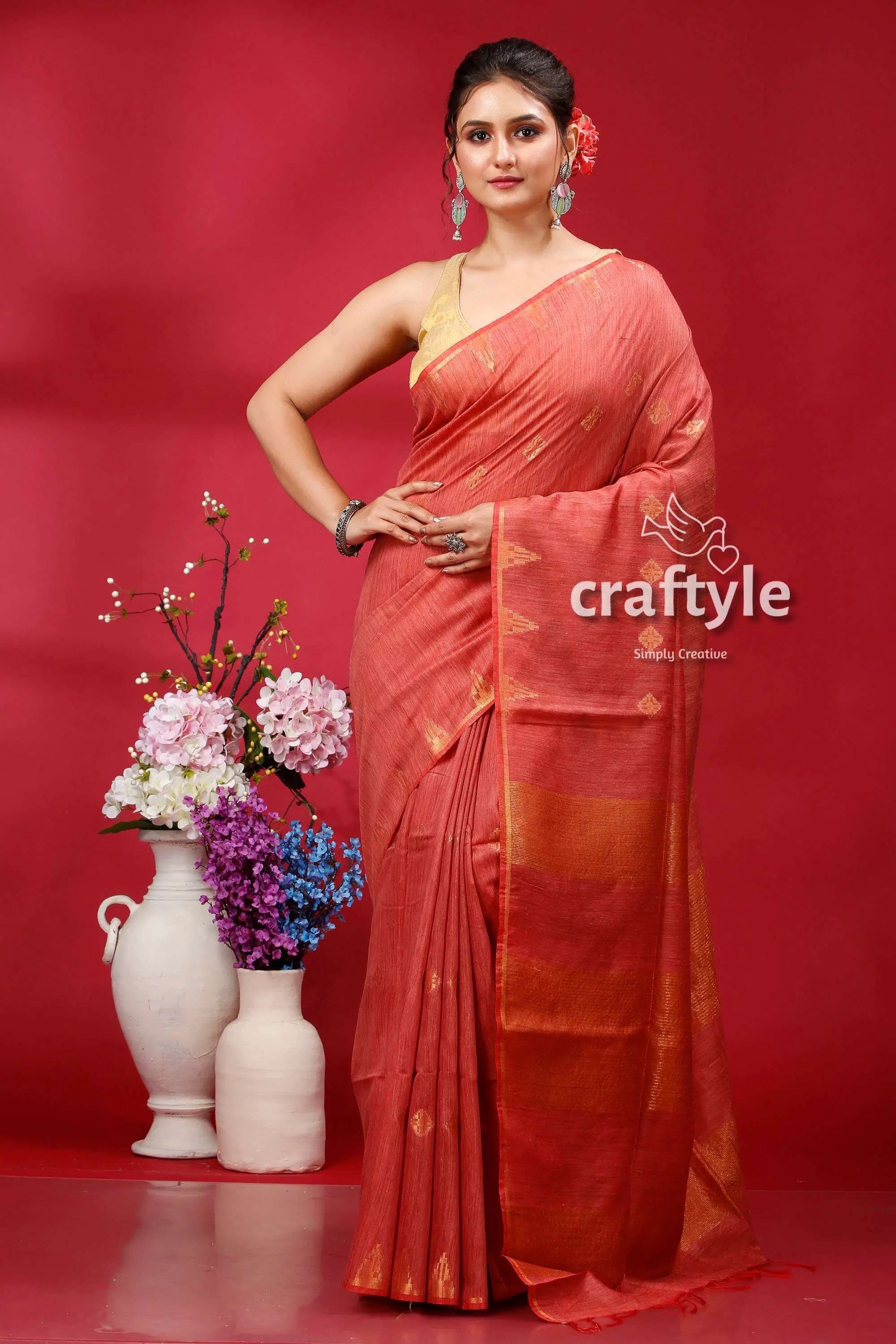 Stunning light coral bhagalpuri ghicha silk saree with golden zari detailing woman coral saree 1