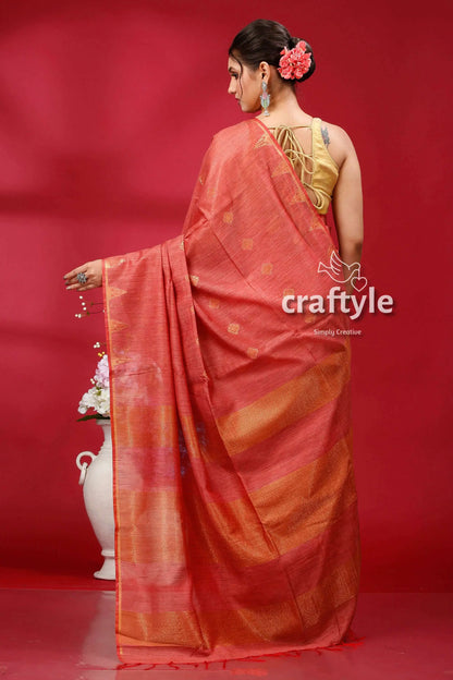 Stunning light coral bhagalpuri ghicha silk saree with golden zari detailing woman coral saree 6