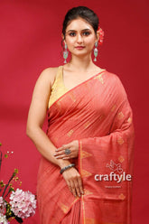 Stunning light coral bhagalpuri ghicha silk saree with golden zari detailing woman coral saree 2