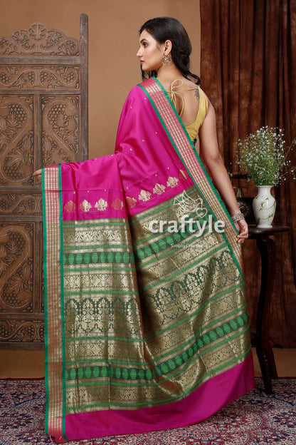 Stunning magenta zari border bomkai soft silk saree pink green silk saree 5