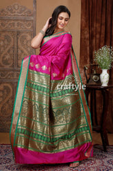 Stunning magenta zari border bomkai soft silk saree pink green silk saree 4
