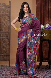 Stunning Sangria Purple Silk Kantha Stitch Saree - Handcrafted Elegance-Craftyle