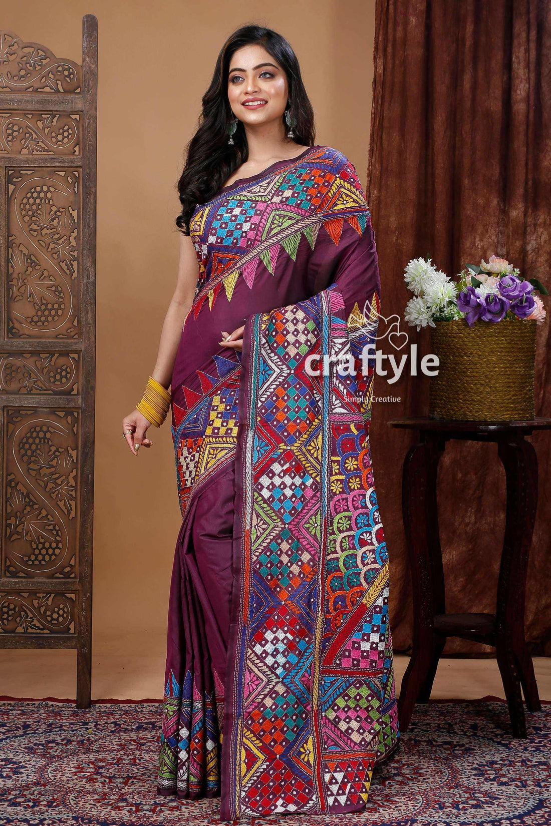 Stunning Sangria Purple Silk Kantha Stitch Saree - Handcrafted Elegance-Craftyle