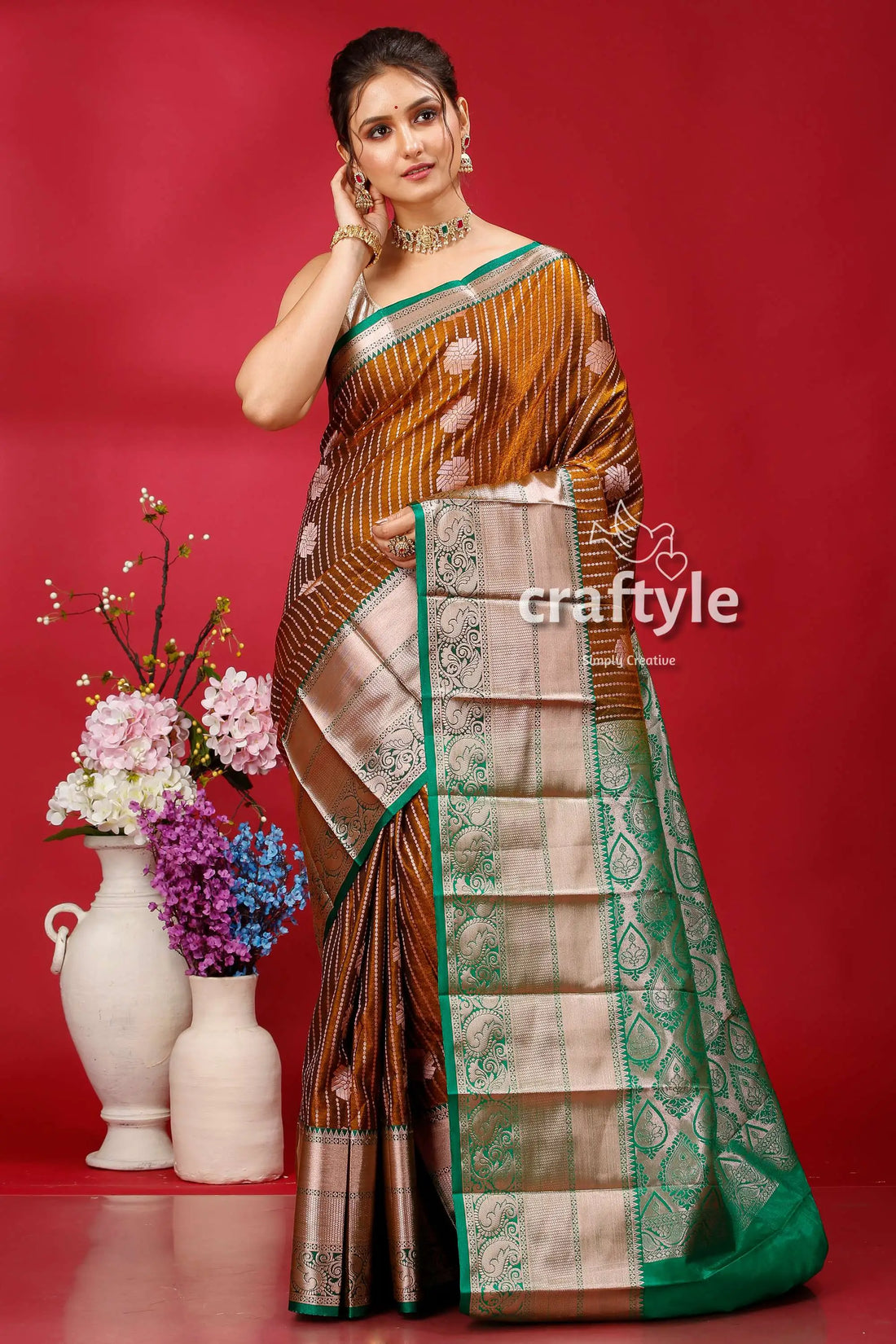 Stunning walnut brown kosha silk saree - luxurious indian wedding attire elegant brown silver saree green 1
