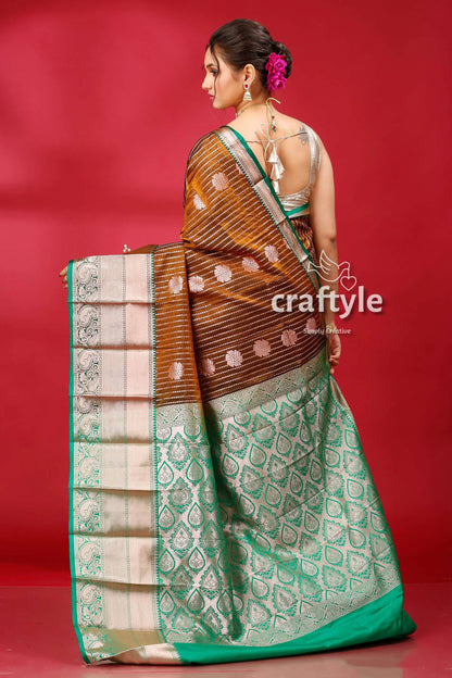 Stunning walnut brown kosha silk saree - luxurious indian wedding attire brown green saree silver accents 4