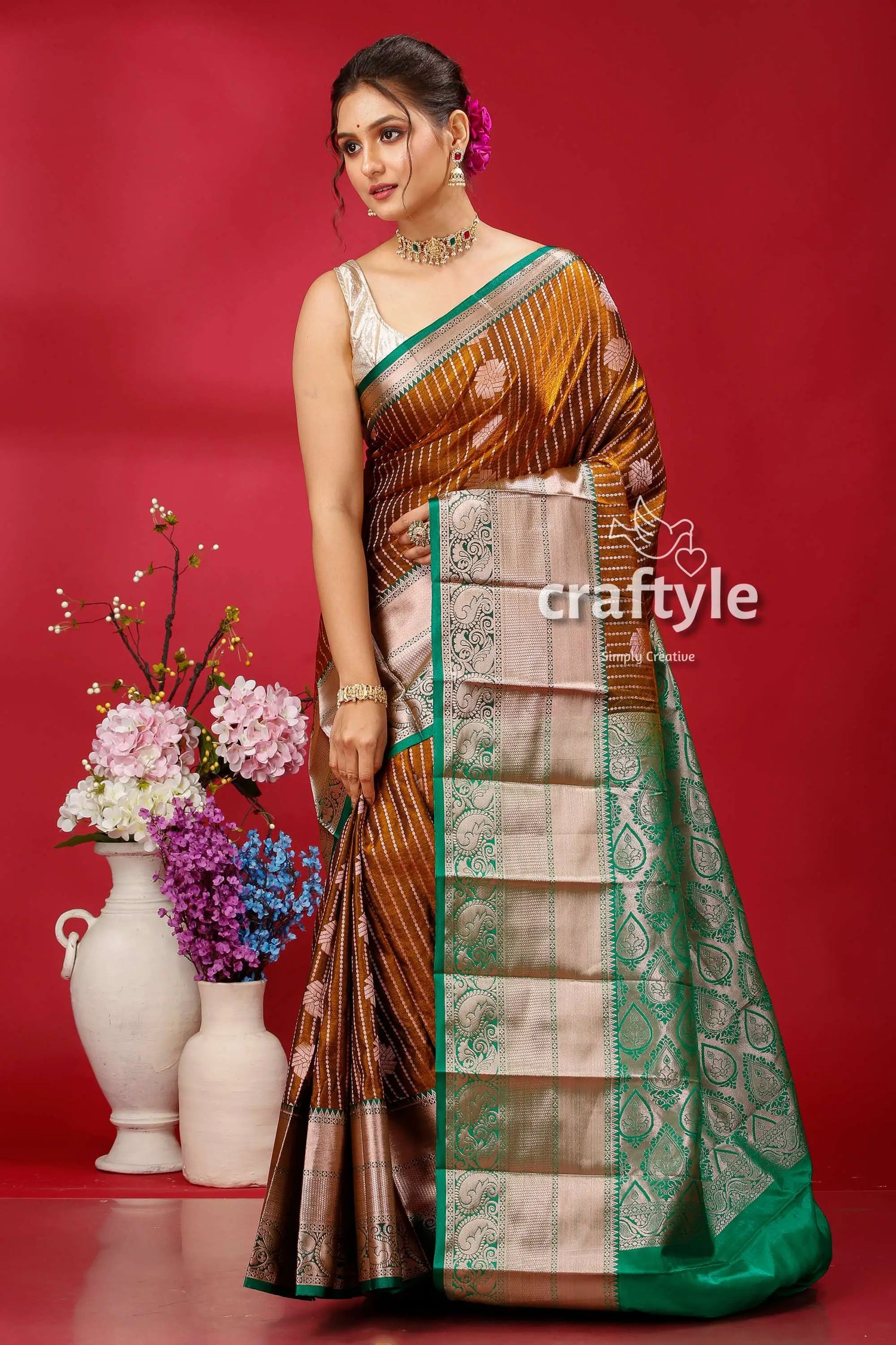 Stunning walnut brown kosha silk saree - luxurious indian wedding attire woman brown green saree 3