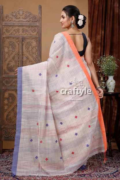 Stylish paris white handloom cotton saree with delicate stitching checkered colorful accents 5