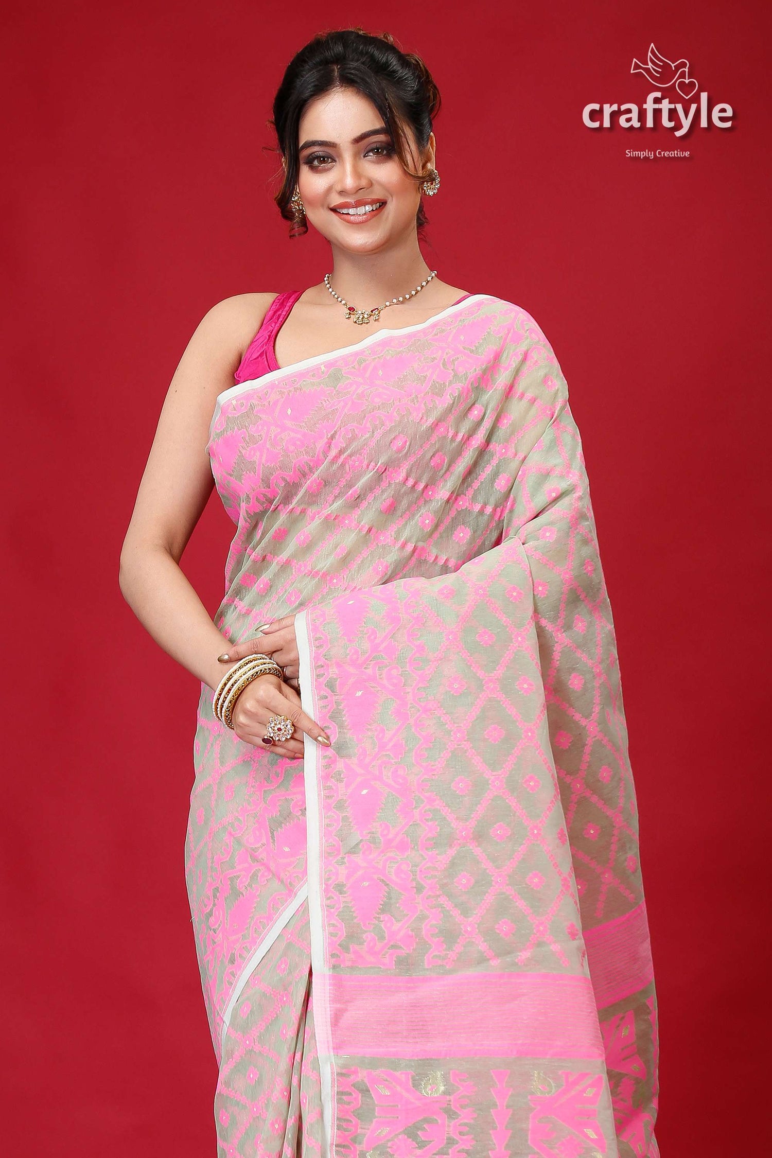 Summer Green Handloom Jamdani Sari-Craftyle