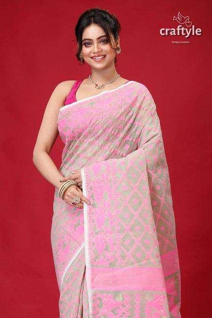 Summer green handloom jamdani sari pink gray patterned saree 2
