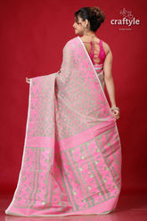 Summer green handloom jamdani sari pink beige patterned saree 5
