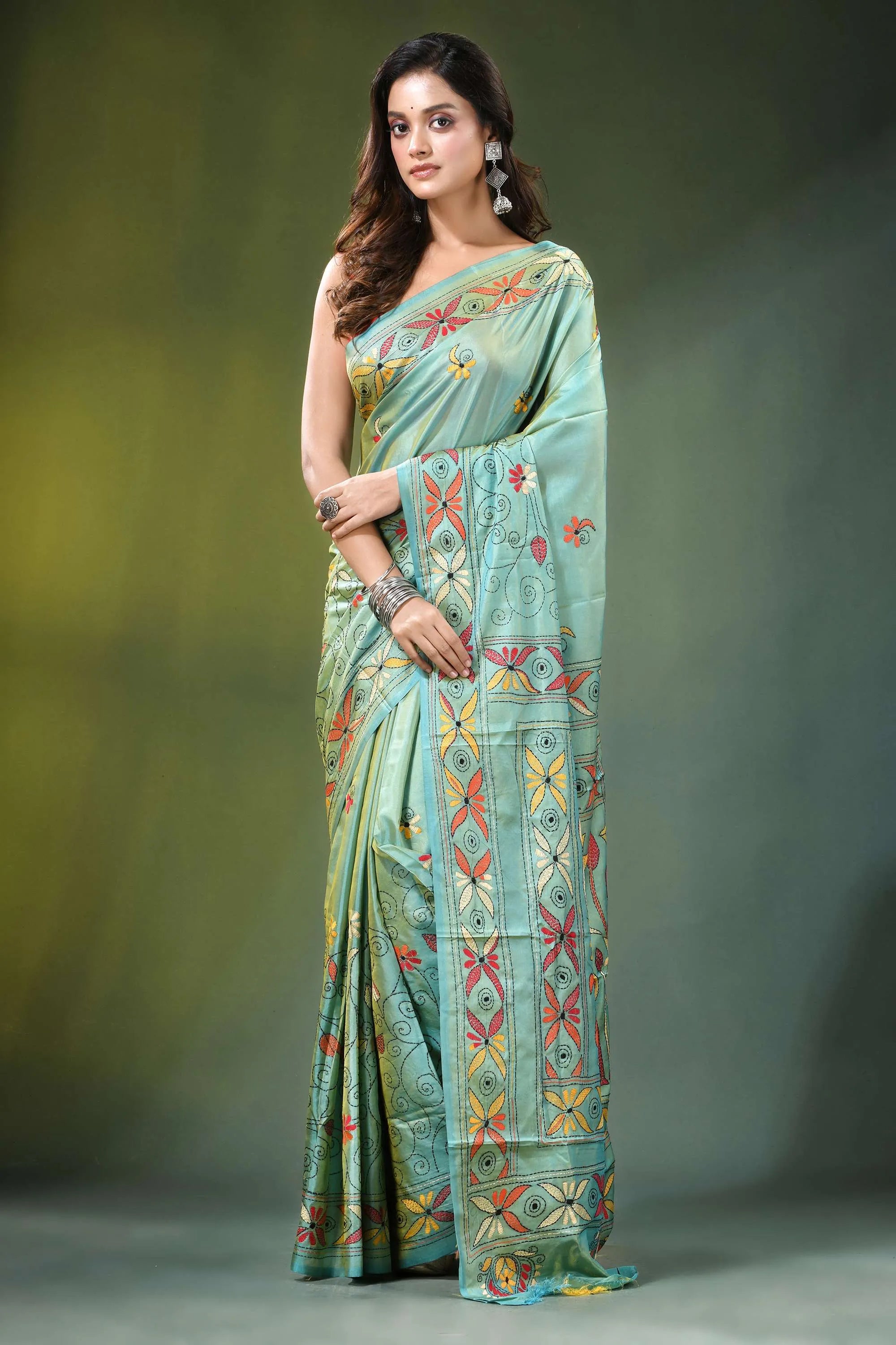 Summer green lotus bird motif silk kantha stitch saree woman wears light mint 6