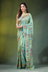 Summer green lotus bird motif silk kantha stitch saree woman wears light mint 1