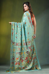 Summer green lotus bird motif silk kantha stitch saree light teal adorned 5