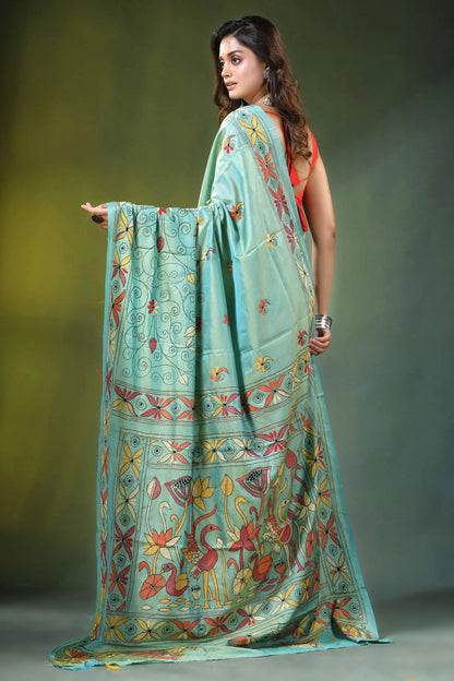 Summer green lotus bird motif silk kantha stitch saree light teal adorned 5