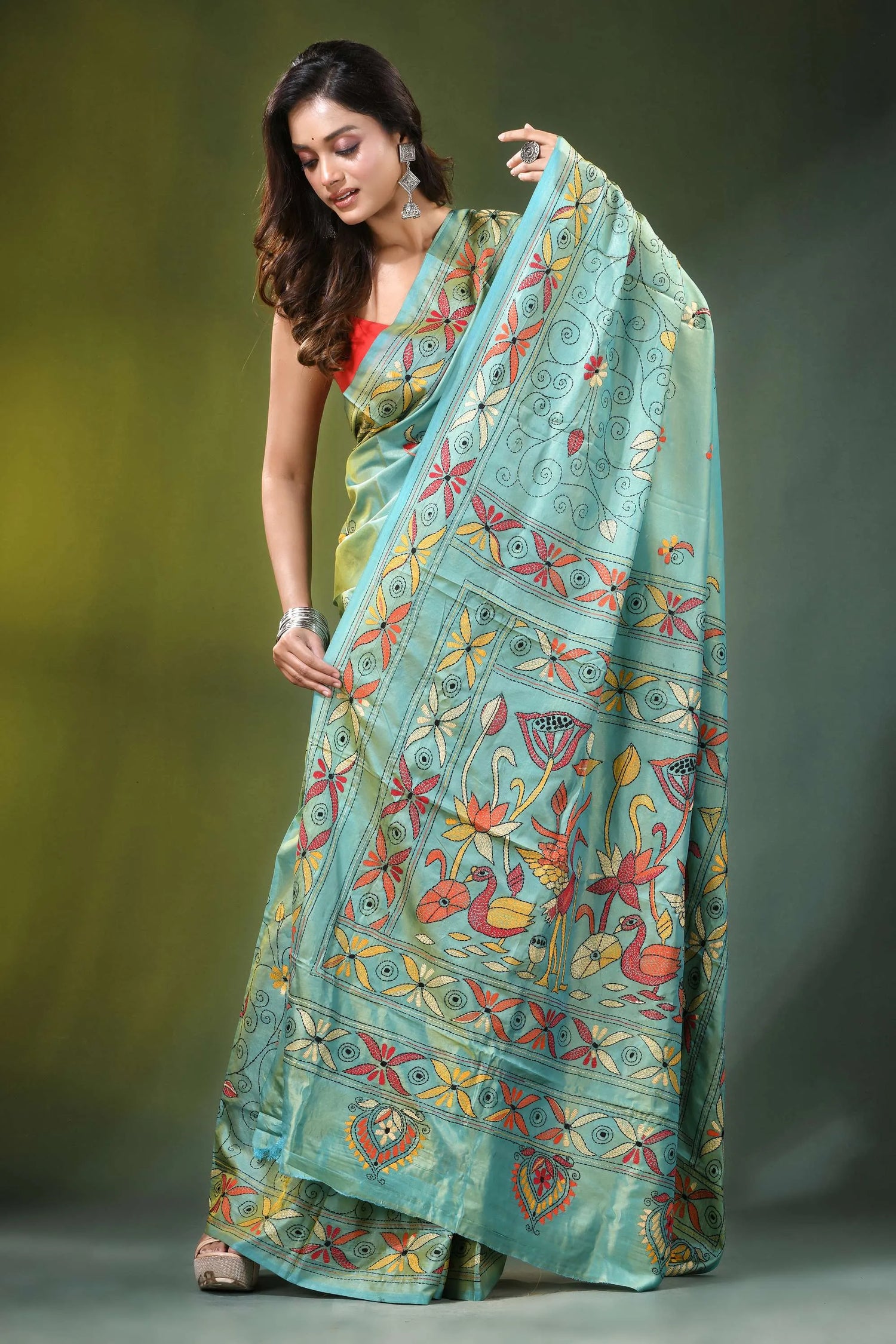Summer green lotus bird motif silk kantha stitch saree light teal adorned 4