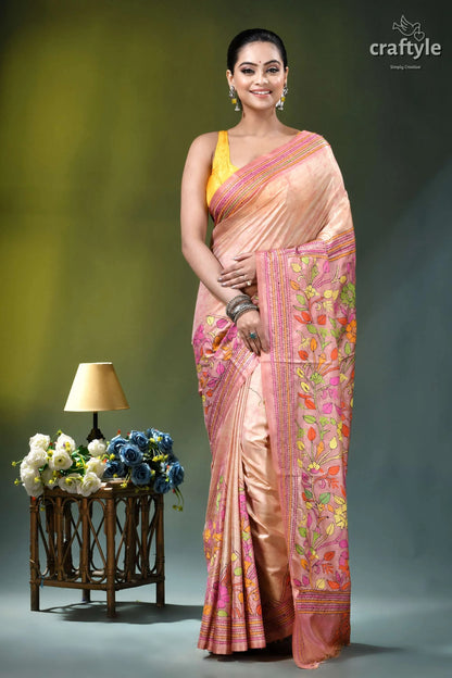 Summer melon floral hand kantha embroidery batik silk saree woman wears peach-colored silk saree 6