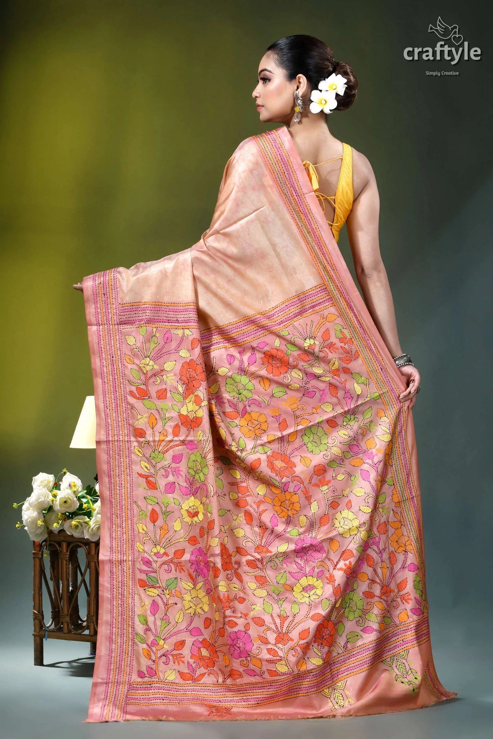 Summer melon floral hand kantha embroidery batik silk saree peach-colored silk saree intricate floral 5