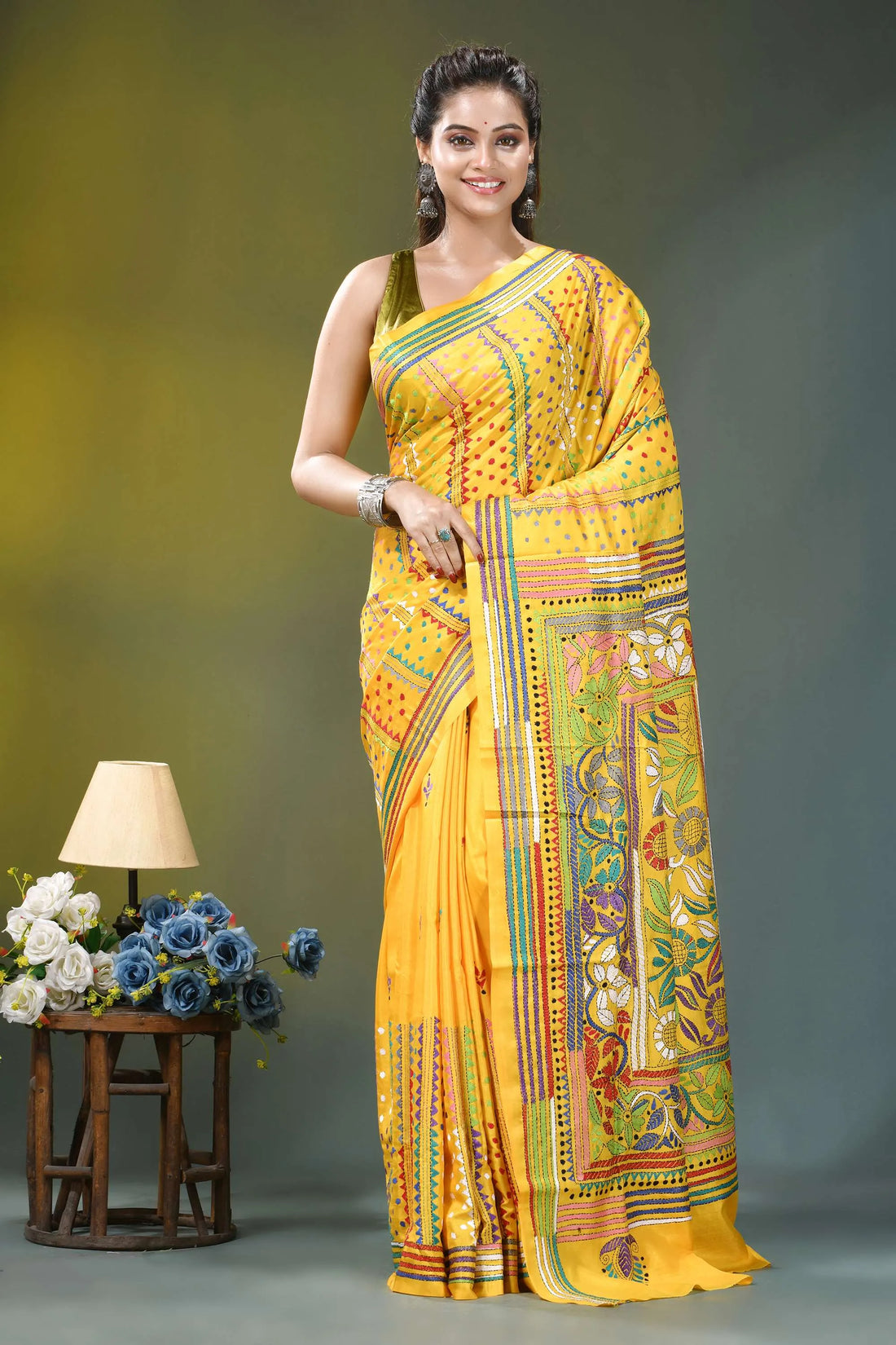 Sunflower yellow floral design silk kantha saree vibrant yellow saree intricate floral 1