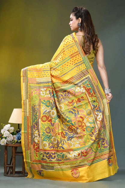 Sunflower yellow floral design silk kantha saree vibrant yellow banarasi silk saree 5