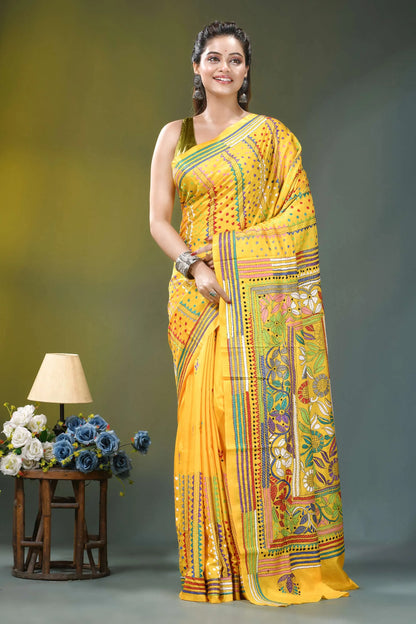 Sunflower yellow floral design silk kantha saree vibrant yellow saree intricate floral 6