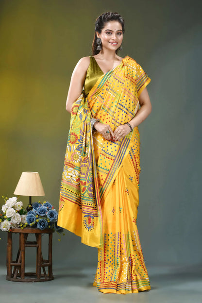 Sunflower yellow floral design silk kantha saree vibrant yellow saree intricate floral 4