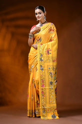 Sunflower yellow silk kantha stitch saree with swan lotus nature motif 6