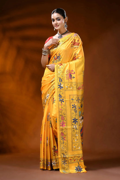 Sunflower yellow silk kantha stitch saree with swan lotus nature motif 6