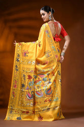 Sunflower yellow silk kantha stitch saree with swan lotus nature motif 5