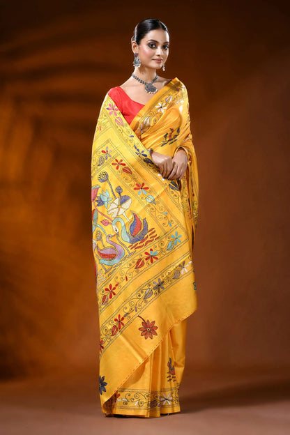 Sunflower yellow silk kantha stitch saree with swan lotus nature motif 4