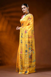 Sunflower yellow silk kantha stitch saree with swan lotus nature motif 3