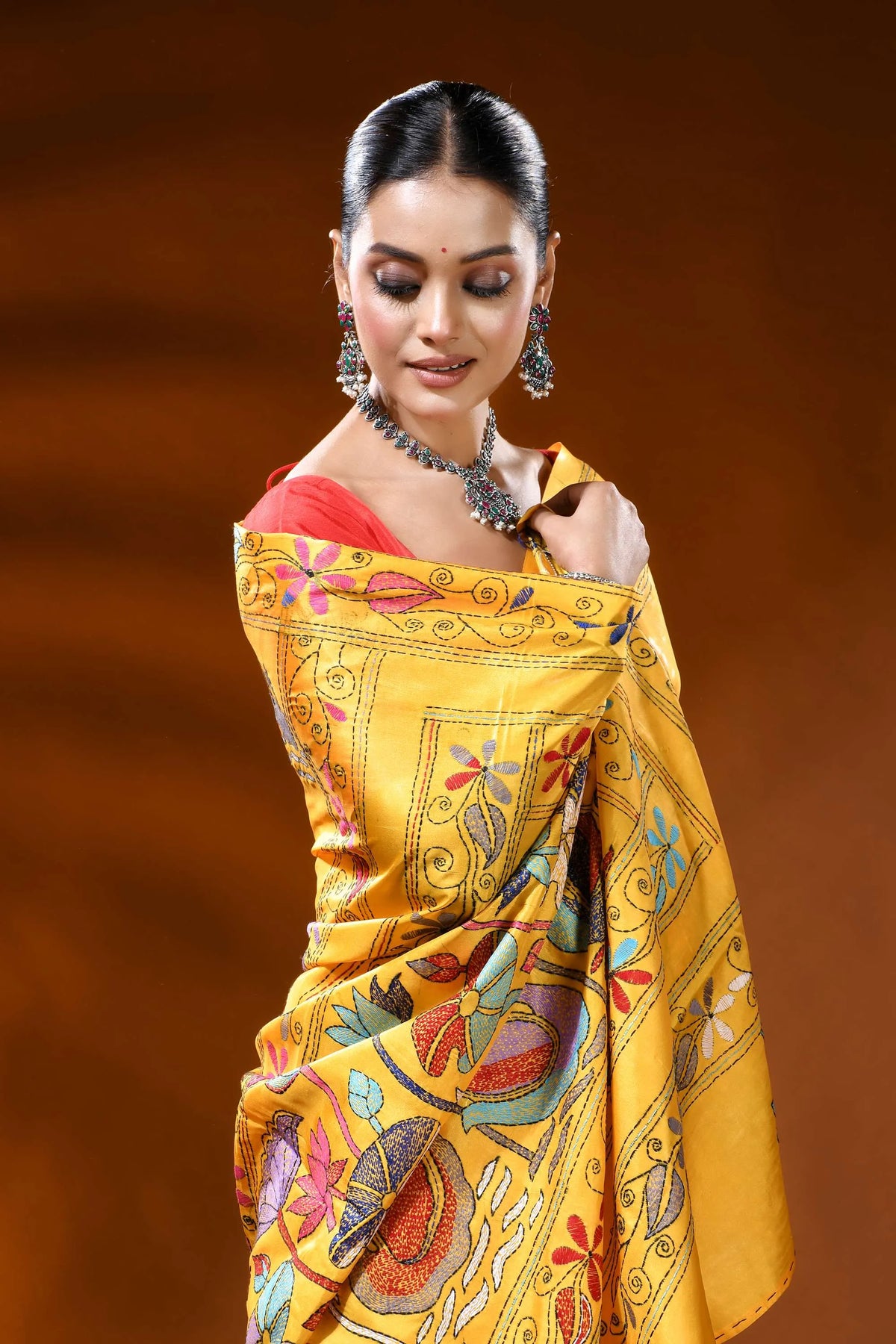 Sunflower yellow silk kantha stitch saree with swan lotus nature motif 2