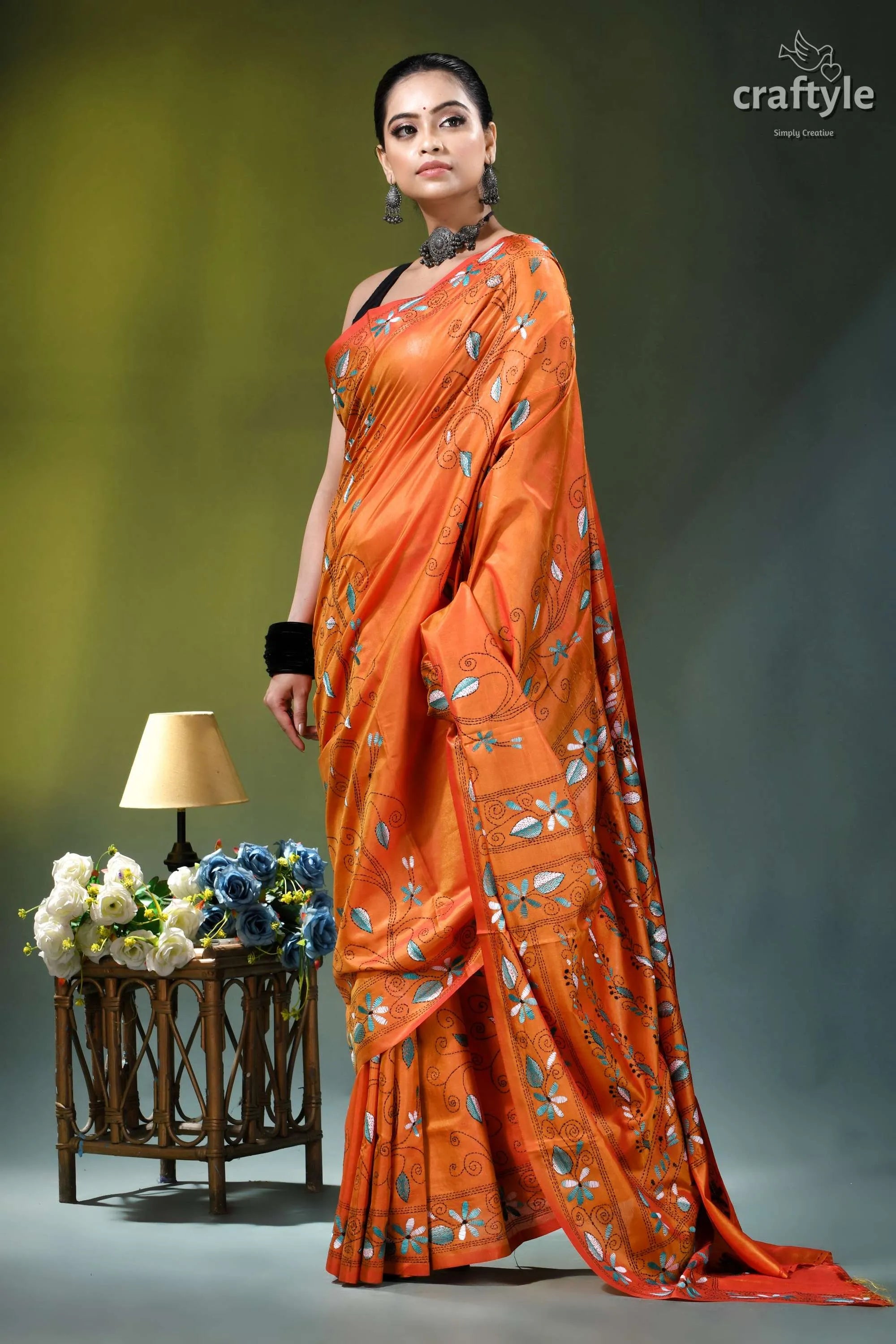 Sunrise orange botanical motif multithread silk kantha saree vibrant orange silk saree adorned 4