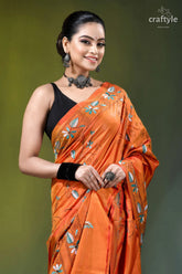 Sunrise orange botanical motif multithread silk kantha saree vibrant orange saree intricate silver 2