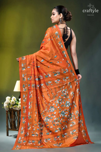 Sunrise orange botanical motif multithread silk kantha saree vibrant orange saree intricate floral 5