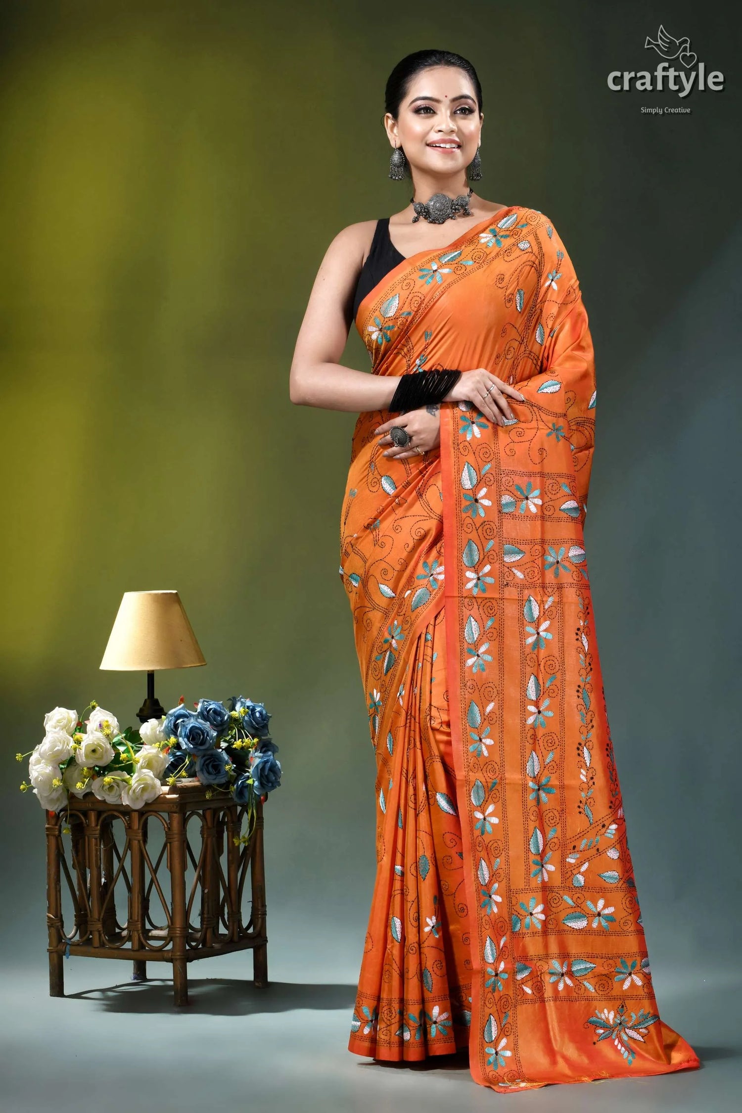 Sunrise orange botanical motif multithread silk kantha saree vibrant orange silk saree adorned 6