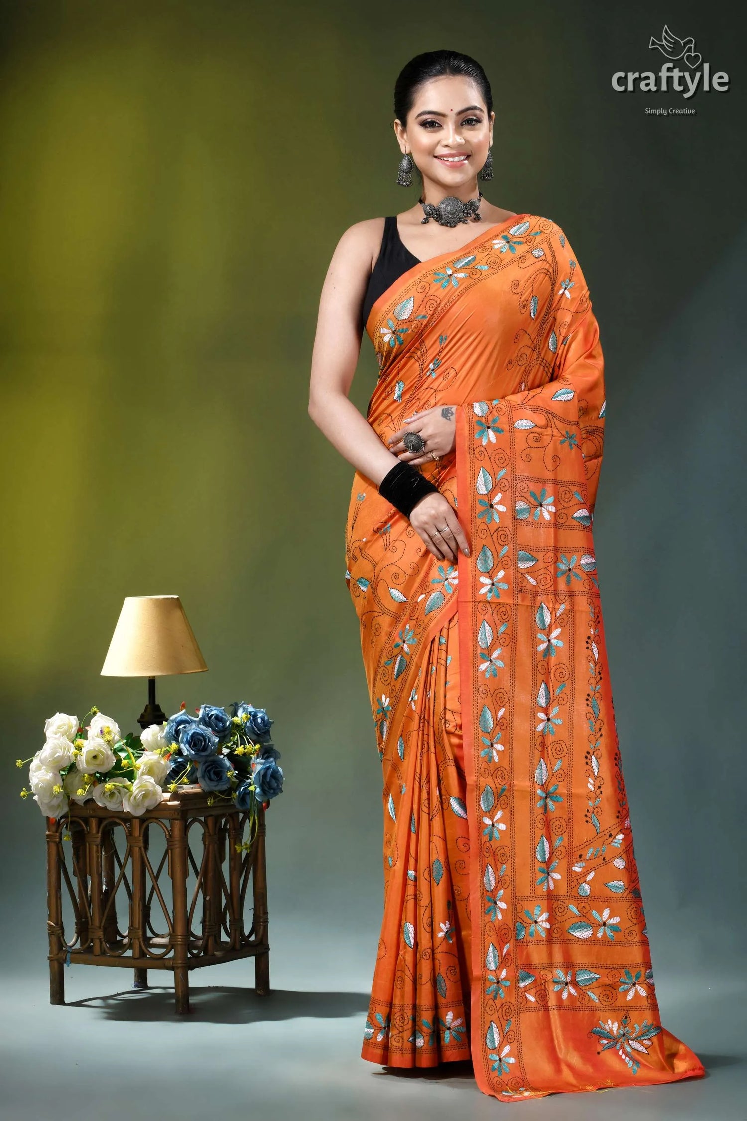 Sunrise orange botanical motif multithread silk kantha saree orange sari floral embroidery silver 1