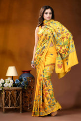 Sunshine yellow bird design handcrafted silk kantha stitch saree vibrant yellow saree intricate floral 5