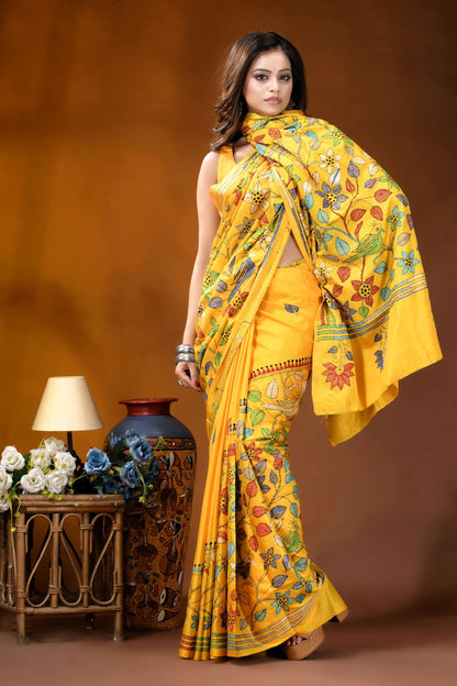 Sunshine yellow bird design handcrafted silk kantha stitch saree vibrant yellow saree intricate floral 5